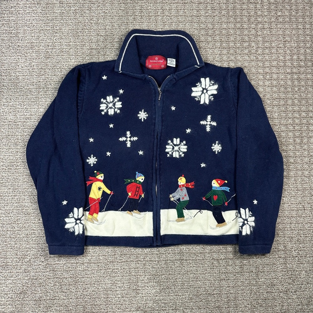 Vtg HolidayLodge NorthCrest Navy Blue Skiers Snowflake Zip Up Cardigan Sweater M